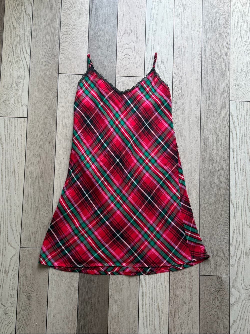 Victoria's Secret Red Plaid Slip with Black Lace Trim XS